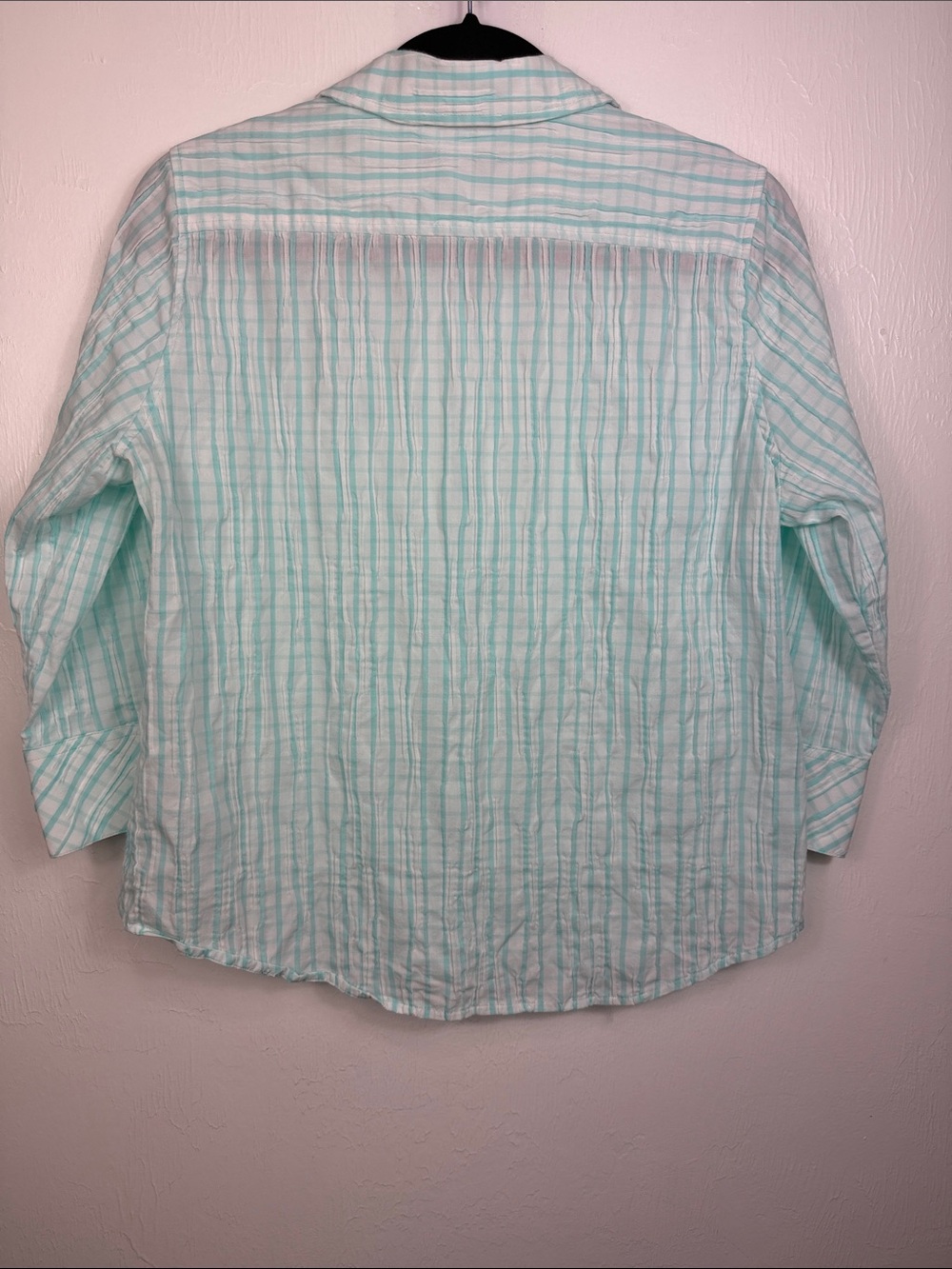 Foxcroft NYC Aqua Plaid Button Front Stretch Shirt 10P Petite 3/4 Sleeve Cotton - Picture 4 of 8